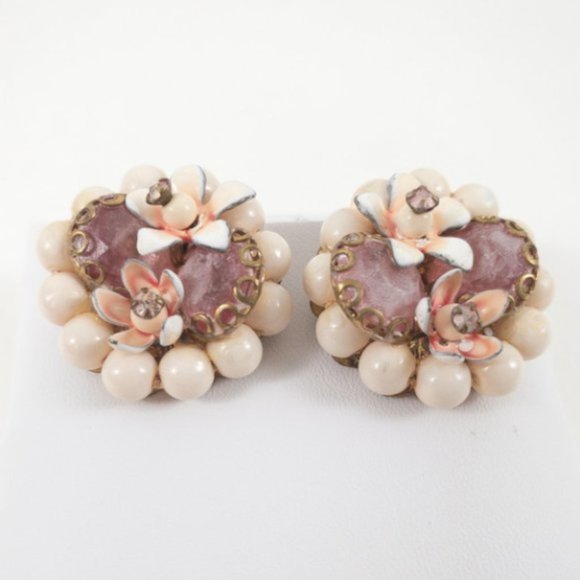 Vintage 50s Enamel Cluster Beaded Earrings Pink - Picture 1 of 7